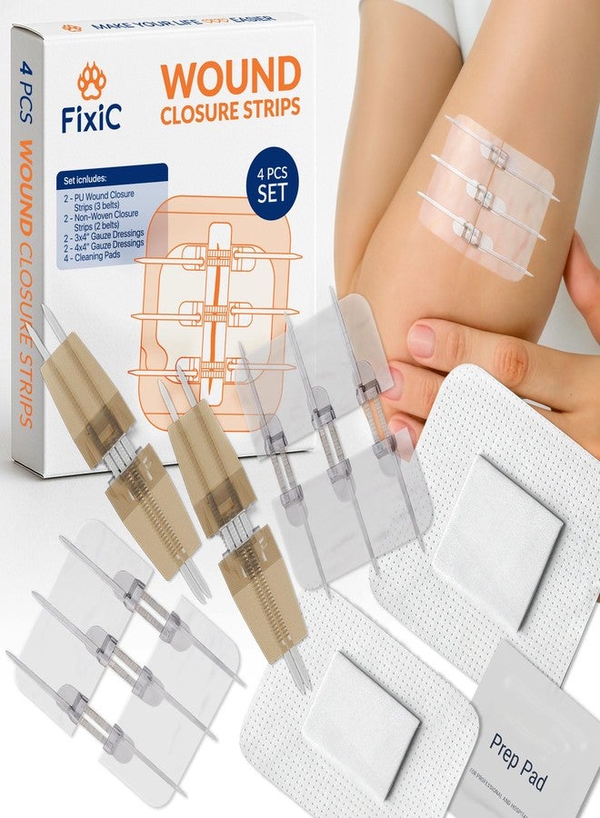Fixic Butterfly Bandages - 2-Types Zip Wound Closure Strips - Ideal Wound Closure Kit - Sutures Free Butterfly Stitches Bandage - Stitches Kit with 4 Bandages, 4 Pads, and 4 Wipes Included! - Image 1